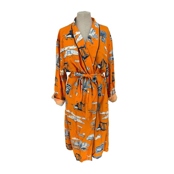 Katie Kime Houston Toile Midi Length Lounge Robe Orange L/XL - Picture 2 of 8